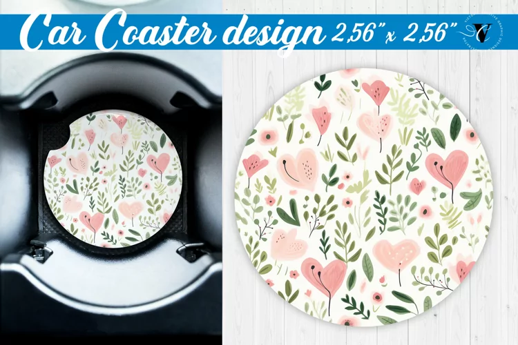 Spring Car Coaster | Watercolor flowers, hearts pattern