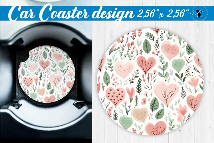 Spring Car Coaster | Watercolor flowers, hearts pattern