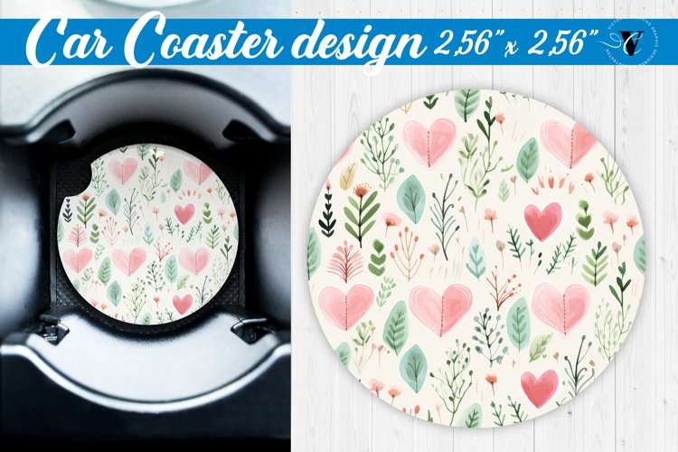 Spring Car Coaster | Watercolor flowers, hearts pattern