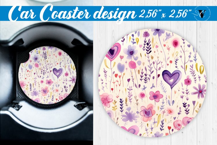 Spring Car Coaster | Watercolor flowers, hearts pattern