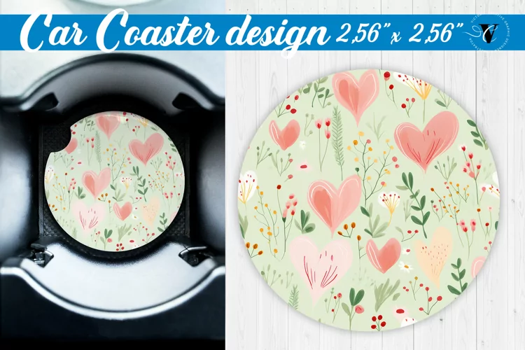 Spring Car Coaster | Watercolor flowers, hearts pattern