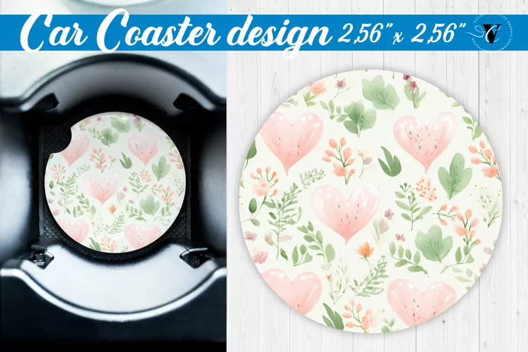 Spring Car Coaster | Watercolor flowers, hearts pattern