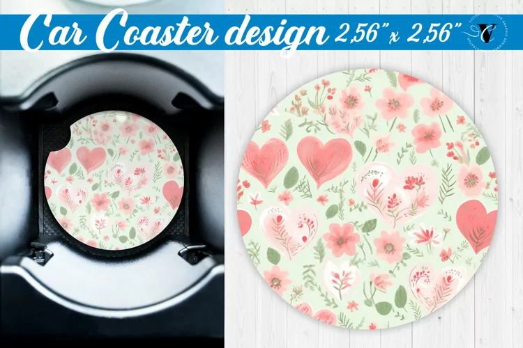 Spring Car Coaster | Watercolor flowers, hearts pattern