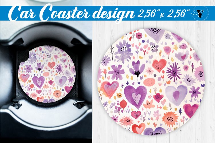 Spring Car Coaster | Watercolor flowers, hearts pattern