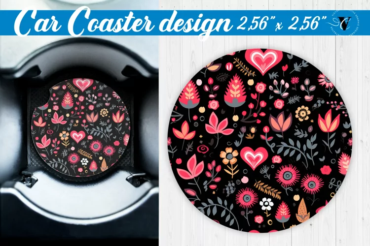 Spring Car Coaster | Hearts and flowers | Folk art