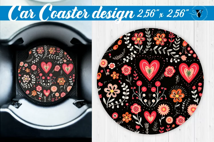 Spring Car Coaster | Hearts and flowers | Folk art