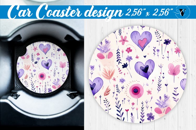 Spring Car Coaster | Watercolor flowers, hearts pattern