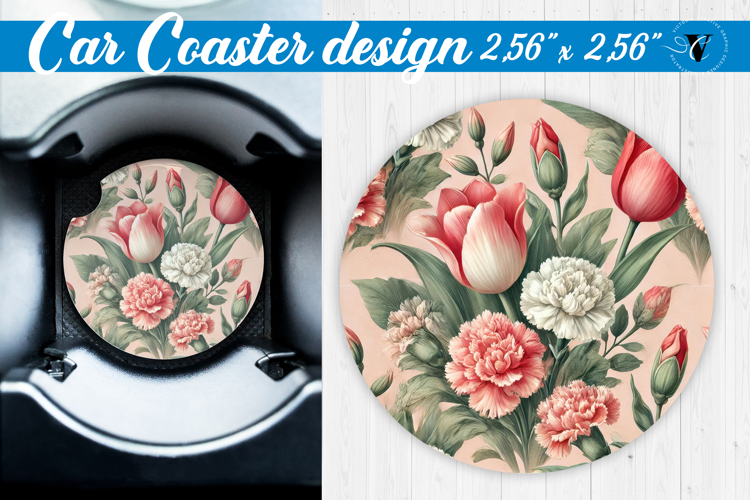 Spring Car Coaster | Tulips and carnations | Cottagecore