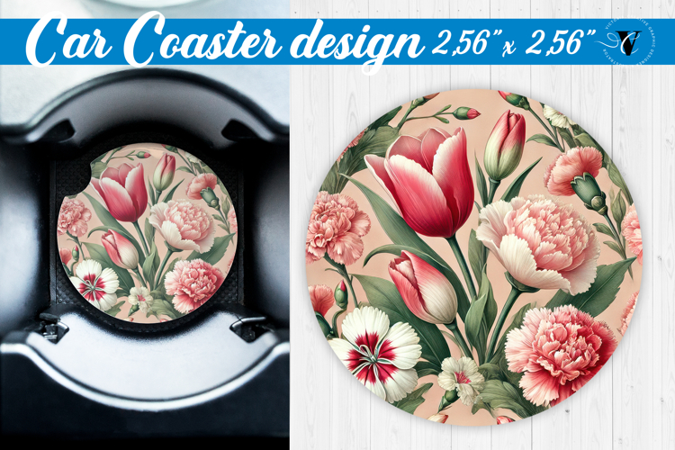 Spring Car Coaster | Tulips and carnations | Cottagecore