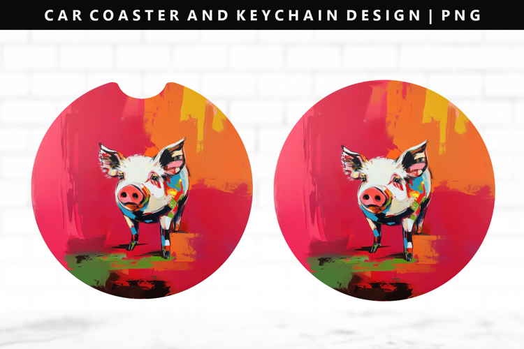 Pig Keychain And Car Coaster Sublimation Design