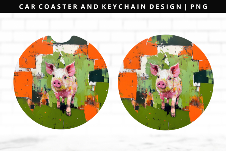 Pig Keychain And Car Coaster Sublimation Design