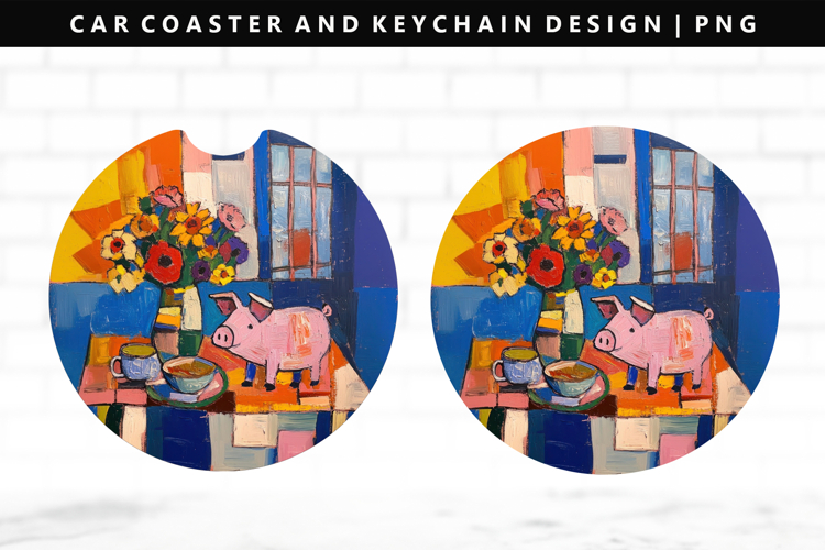 Pig Keychain And Car Coaster Sublimation Design