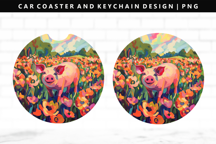 Pig Keychain And Car Coaster Sublimation Design