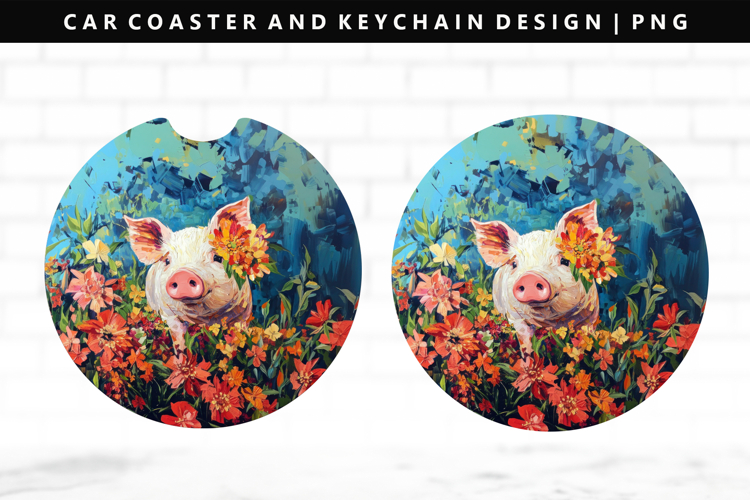 Pig Keychain And Car Coaster Sublimation Design