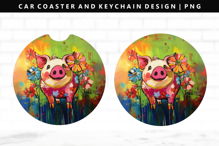Pig Keychain And Car Coaster Sublimation Design