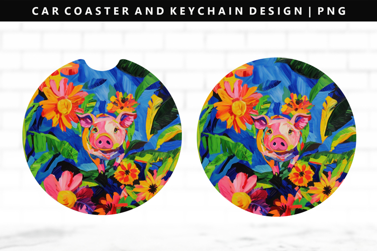 Pig Keychain And Car Coaster Sublimation Design