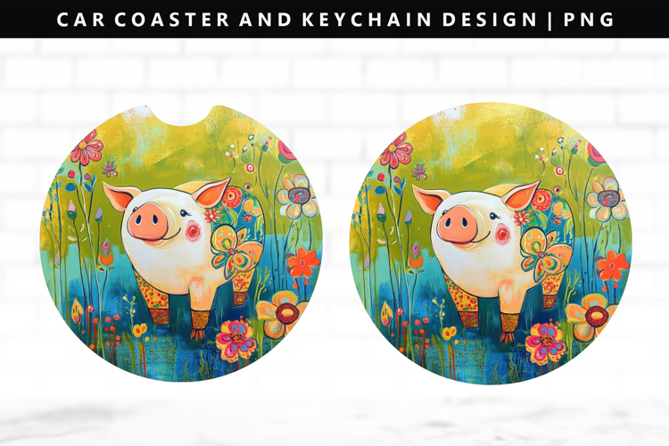 Pig Keychain And Car Coaster Sublimation Design