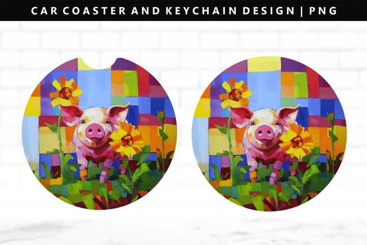 Pig Keychain And Car Coaster Sublimation Design