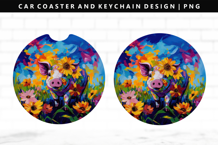 Pig Keychain And Car Coaster Sublimation Design
