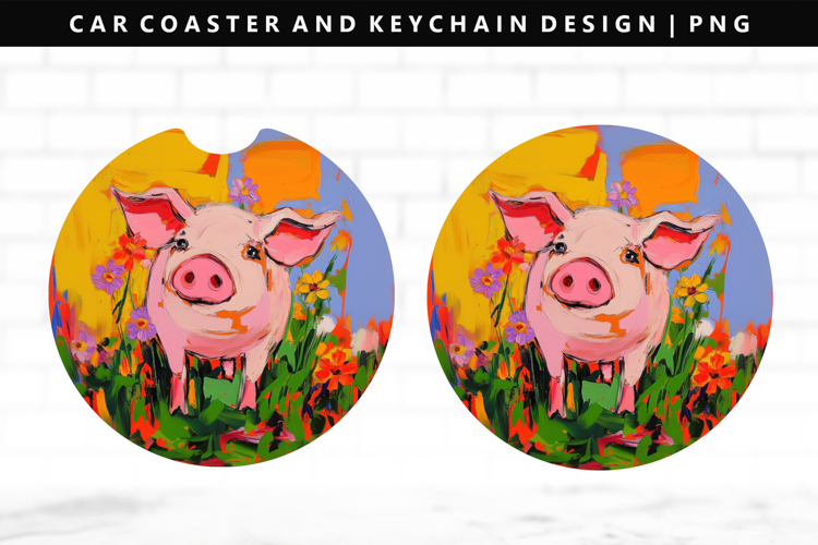 Pig Keychain And Car Coaster Sublimation Design