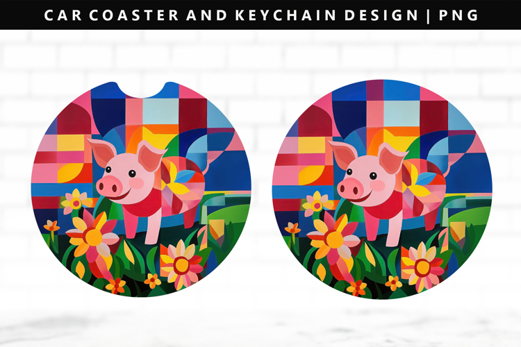 Pig Keychain And Car Coaster Sublimation Design