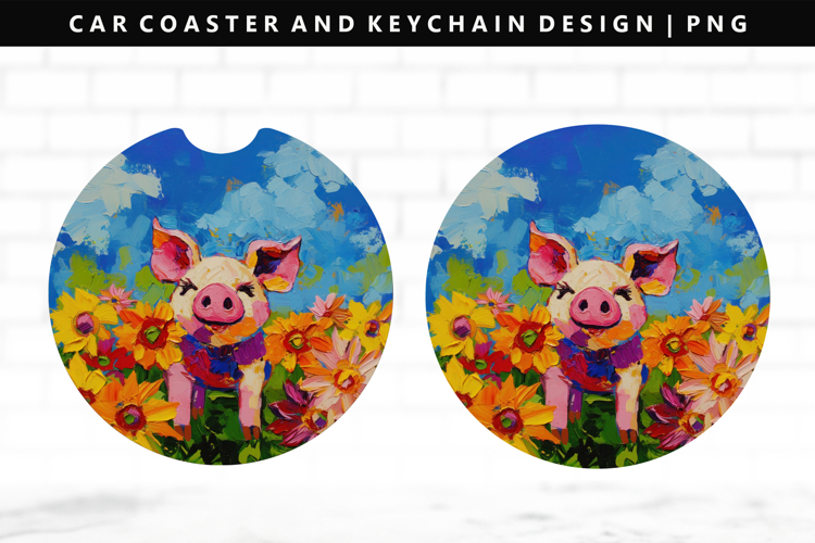 Pig Keychain And Car Coaster Sublimation Design