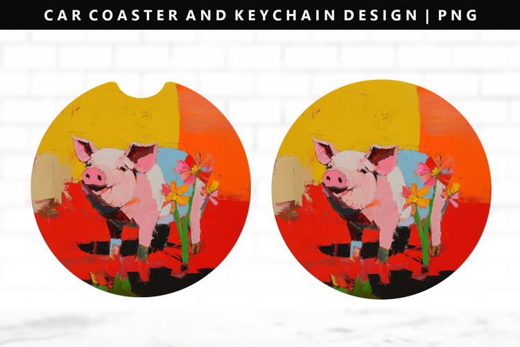 Pig Keychain And Car Coaster Sublimation Design