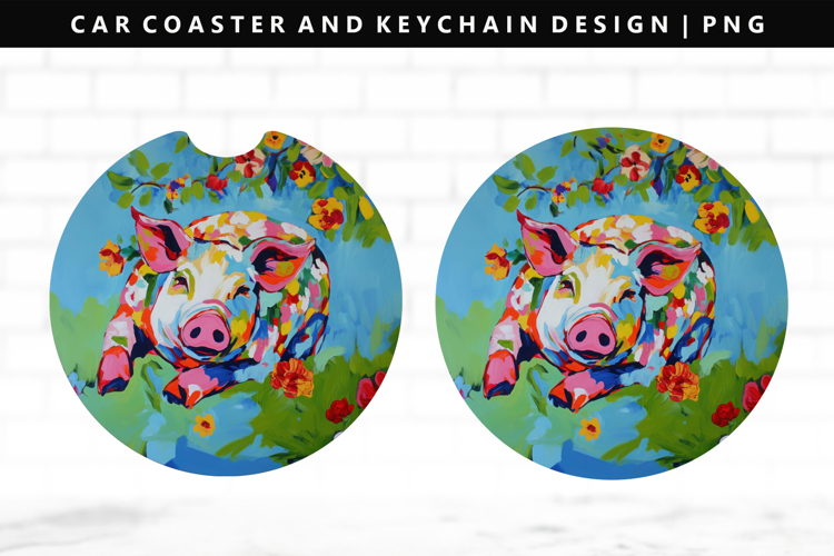Pig Keychain And Car Coaster Sublimation Design