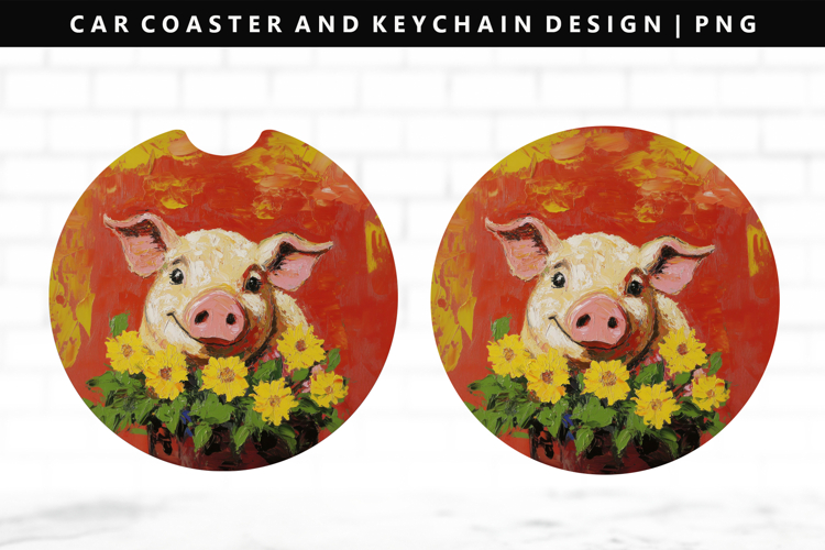 Pig Keychain And Car Coaster Sublimation Design