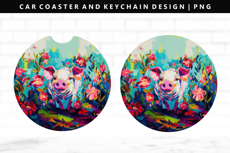 Pig Keychain And Car Coaster Sublimation Design