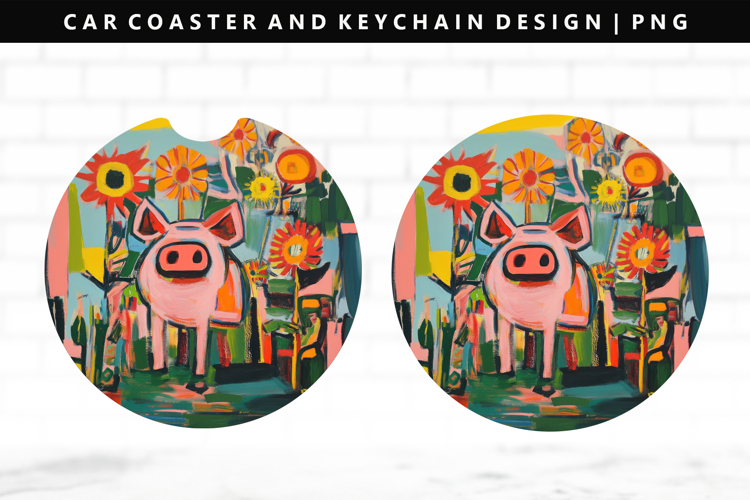 Pig Keychain And Car Coaster Sublimation Design