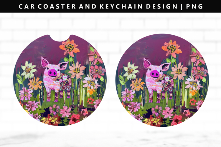 Pig Keychain And Car Coaster Sublimation Design