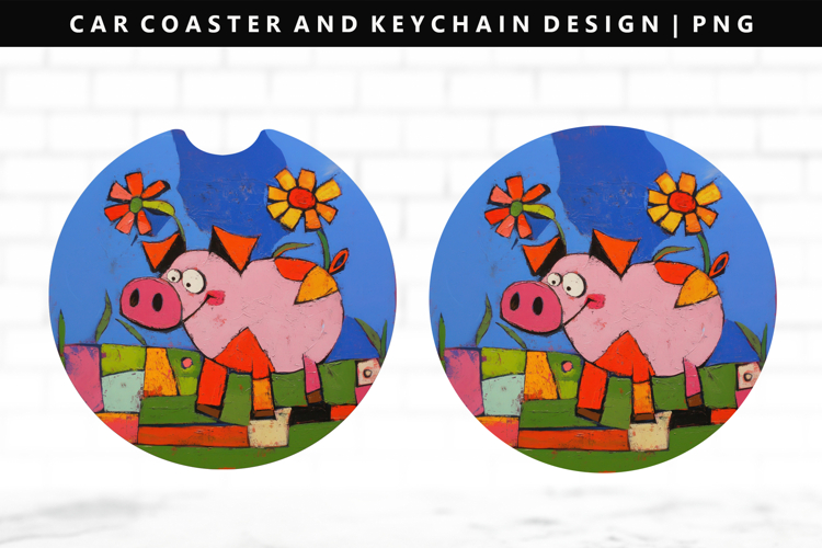 Pig Keychain And Car Coaster Sublimation Design