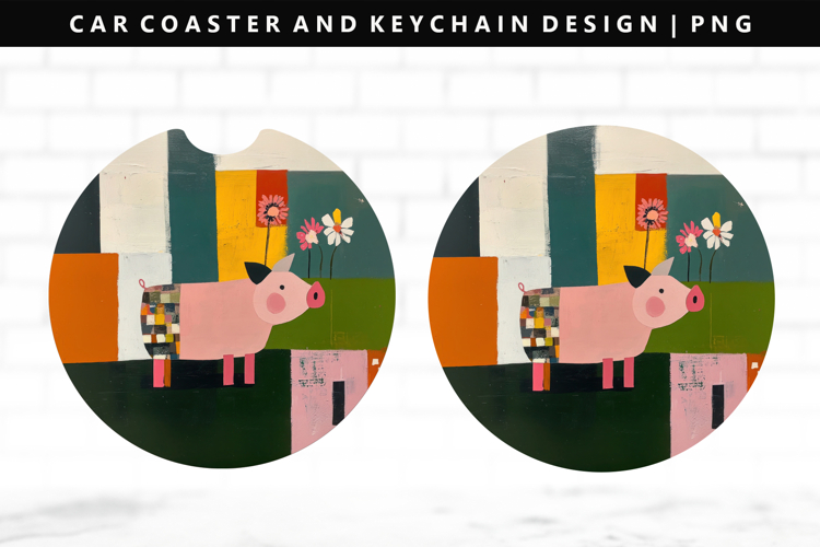 Pig Keychain And Car Coaster Sublimation Design