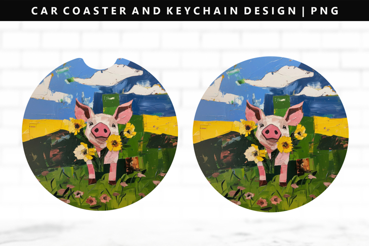 Pig Keychain And Car Coaster Sublimation Design