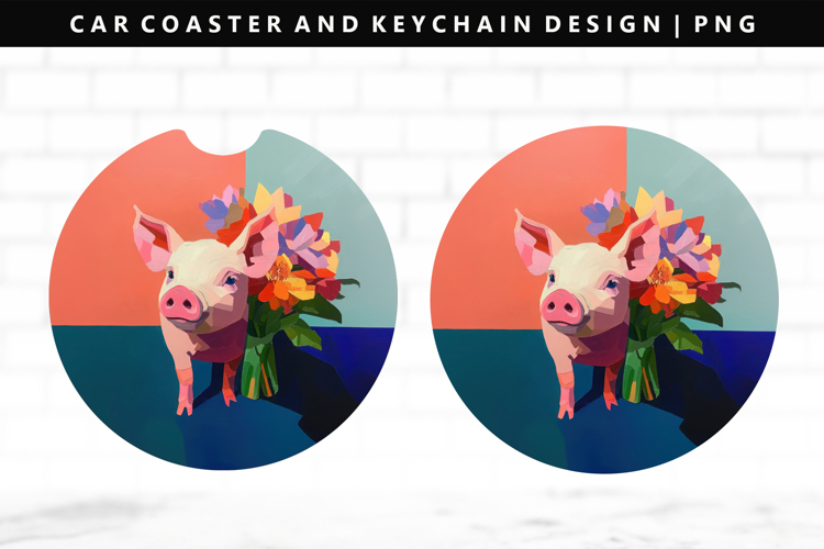 Pig Keychain And Car Coaster Sublimation Design