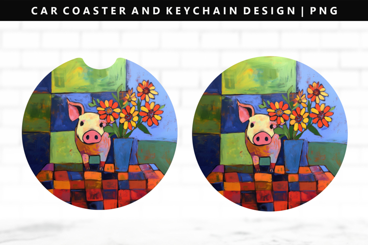 Pig Keychain And Car Coaster Sublimation Design