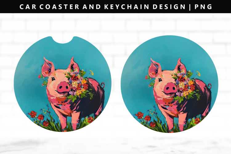 Pig Keychain And Car Coaster Sublimation Design