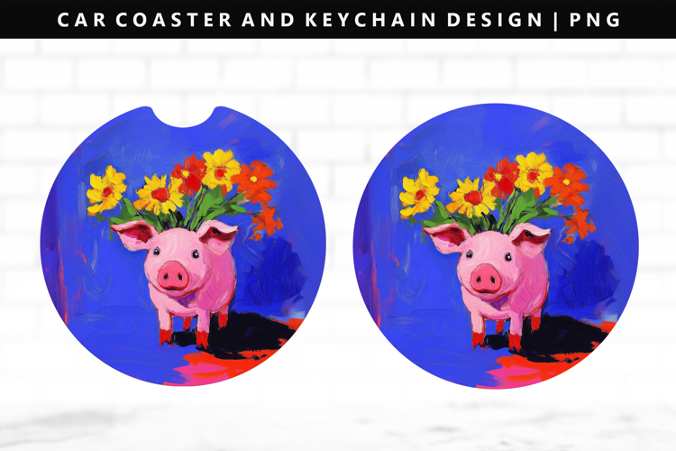 Pig Keychain And Car Coaster Sublimation Design