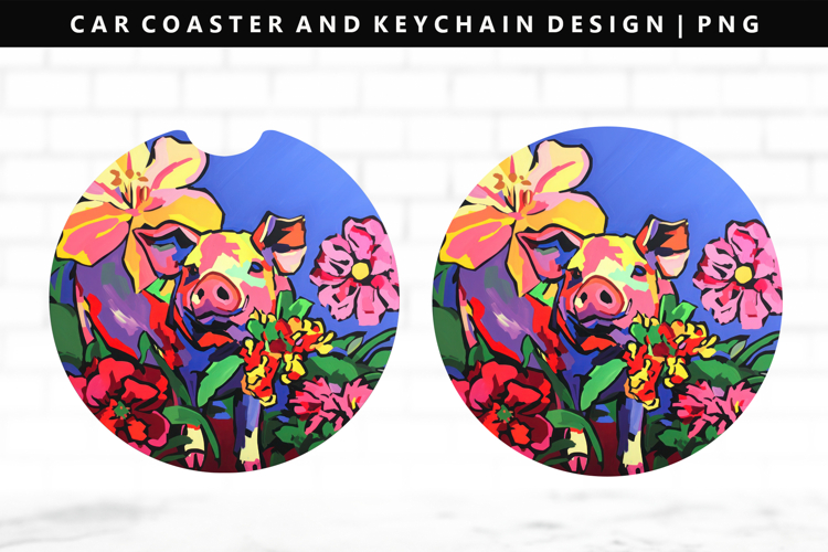 Pig Keychain And Car Coaster Sublimation Design
