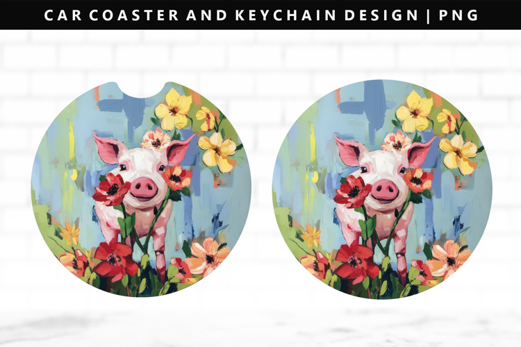 Pig Keychain And Car Coaster Sublimation Design