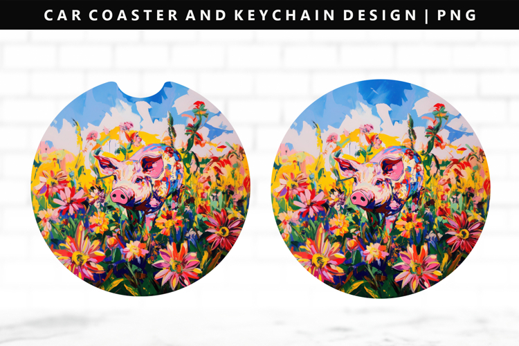 Pig Keychain And Car Coaster Sublimation Design
