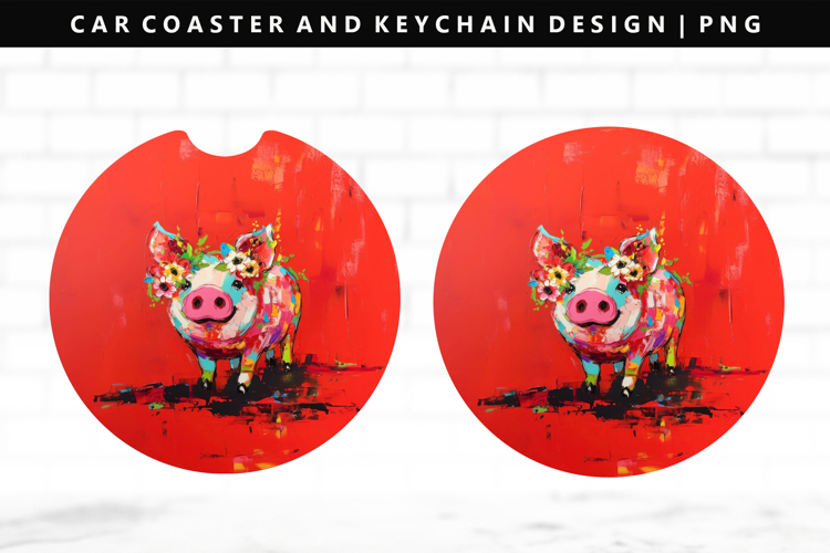 Pig Keychain And Car Coaster Sublimation Design