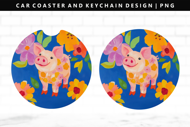 Pig Keychain And Car Coaster Sublimation Design