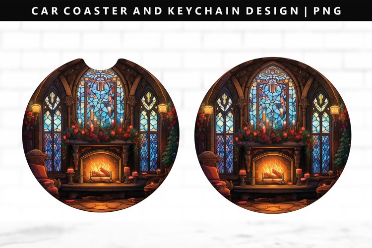 Fireplace Keychain And Car Coaster Sublimation Design