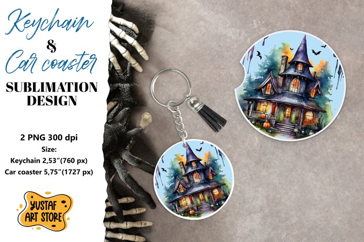 Halloween Keychain & Car coaster sublimation. Spooky house example image 1