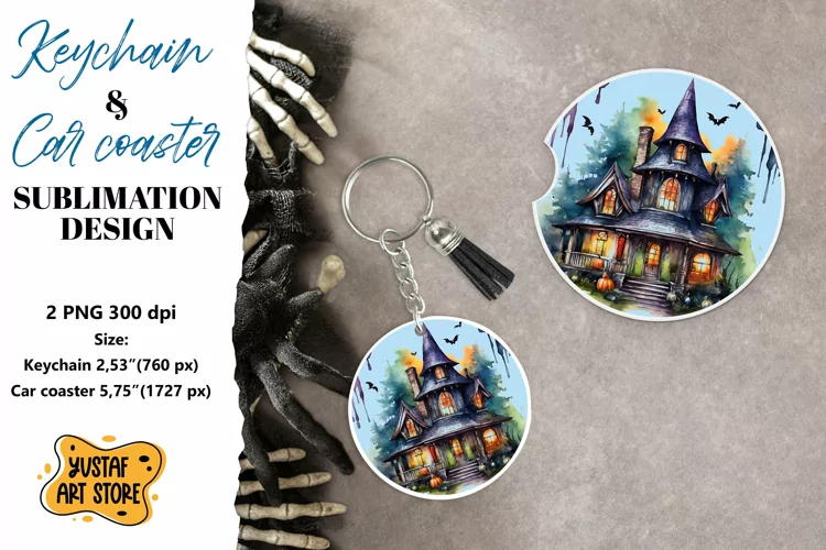 Halloween Keychain & Car coaster sublimation. Spooky house