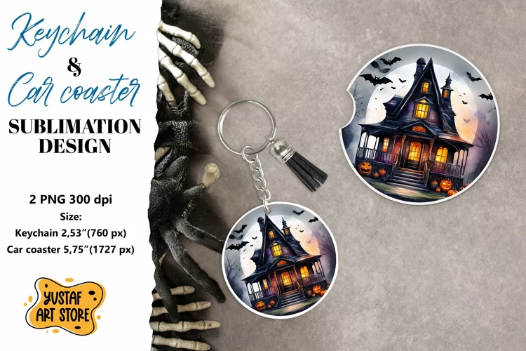 Halloween Keychain & Car coaster sublimation. Spooky house
