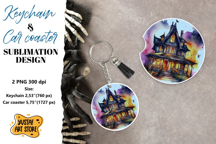 Halloween Keychain & Car coaster sublimation. Spooky house example image 1