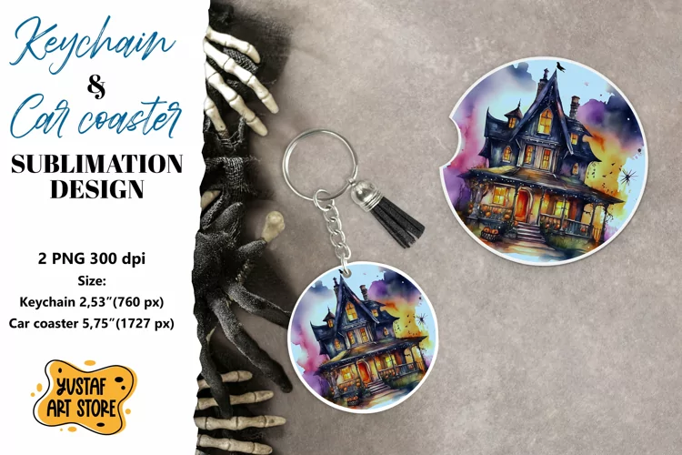 Halloween Keychain & Car coaster sublimation. Spooky house